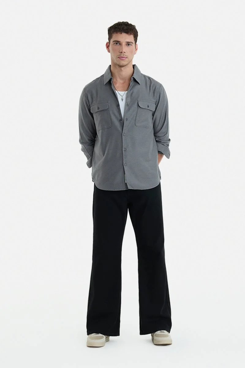 سنيتش Grey Solid Long Sleeve Regular Fit Vacation Shirt