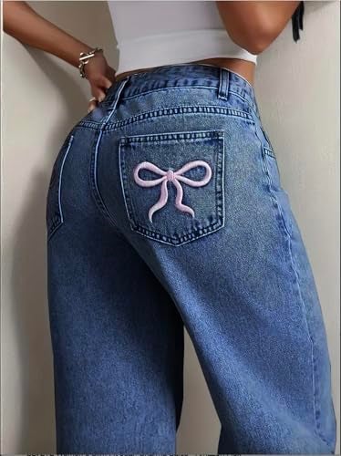 Nifty Women's Denim Stretchable High Waist Medium Wash Baggy Jeans (1477_BTA_30_Blue_30) || Back Pocket Bow tie Detail - Image 5