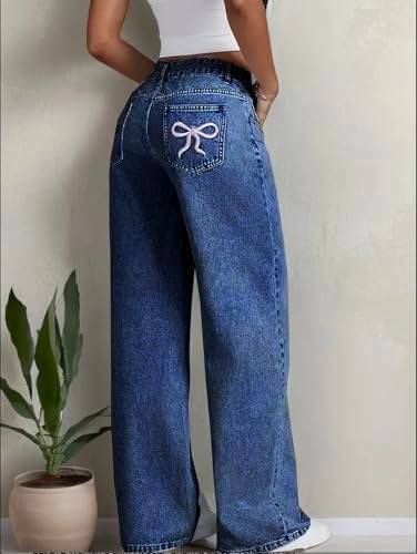 Nifty Women's Denim Stretchable High Waist Medium Wash Baggy Jeans (1477_BTA_30_Blue_30) || Back Pocket Bow tie Detail - Image 3