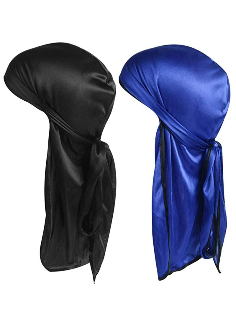 Oasisgalore 2 Pcs Silky Durag Set for Men,Women -Turban Hat with Long Tails and Wide Straps, 360 Waves Headwrap (Black, Blue). - Image 1