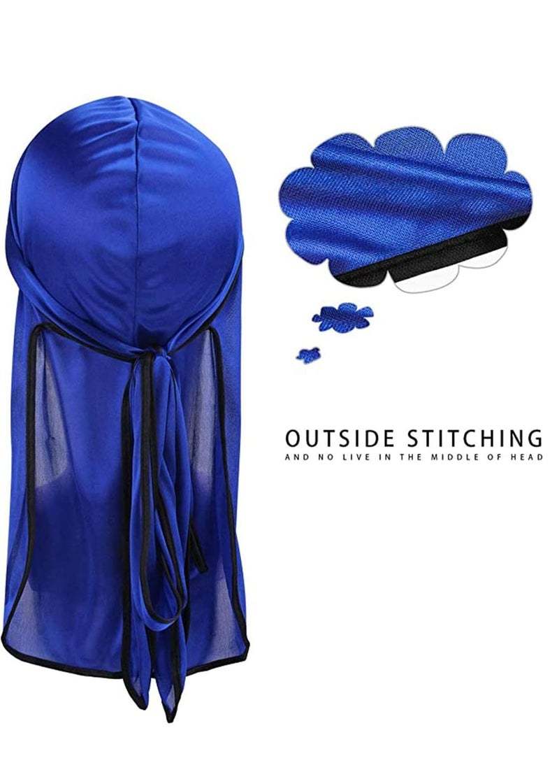Oasisgalore 2 Pcs Silky Durag Set for Men,Women -Turban Hat with Long Tails and Wide Straps, 360 Waves Headwrap (Black, Blue). - Image 2