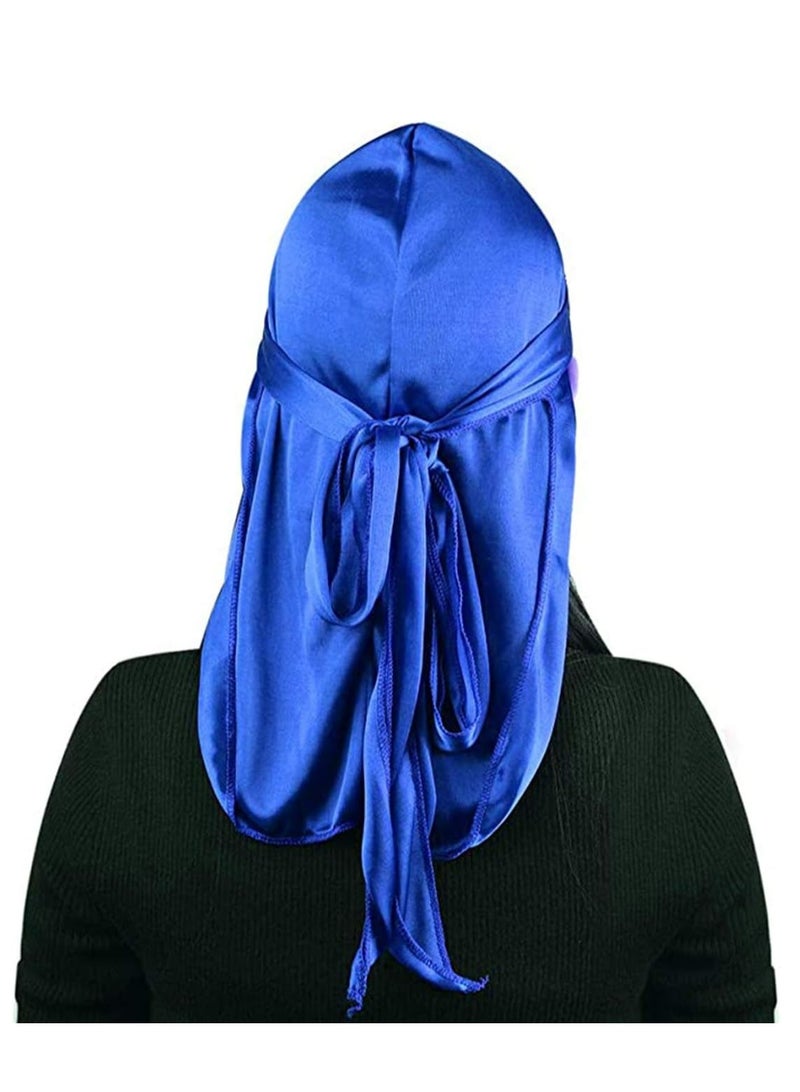 Oasisgalore 2 Pcs Silky Durag Set for Men,Women -Turban Hat with Long Tails and Wide Straps, 360 Waves Headwrap (Black, Blue). - Image 3