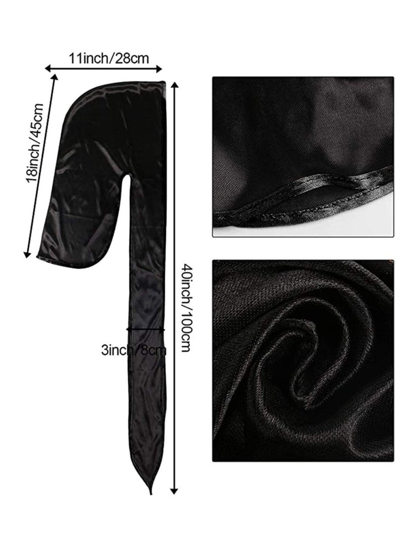 Oasisgalore 2 Pcs Silky Durag Set for Men,Women -Turban Hat with Long Tails and Wide Straps, 360 Waves Headwrap (Black, Blue). - Image 4