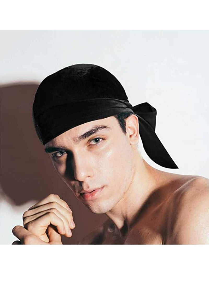 Oasisgalore 2 Pcs Silky Durag Set for Men,Women -Turban Hat with Long Tails and Wide Straps, 360 Waves Headwrap (Black, Blue). - Image 5