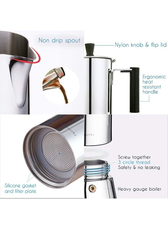 EASYWORKZ Stovetop Espresso Maker Stainless Steel Italian Coffee Machine Maker 6Cup 300ml Induction Moka Pot - Image 3