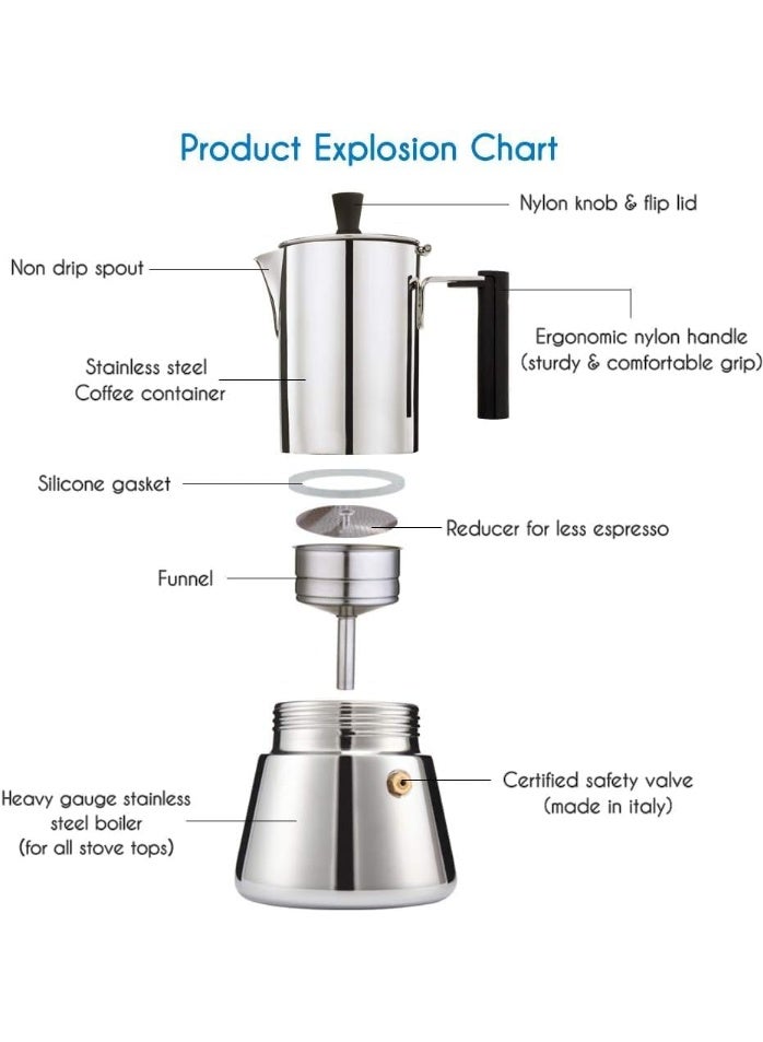 EASYWORKZ Stovetop Espresso Maker Stainless Steel Italian Coffee Machine Maker 6Cup 300ml Induction Moka Pot - Image 2