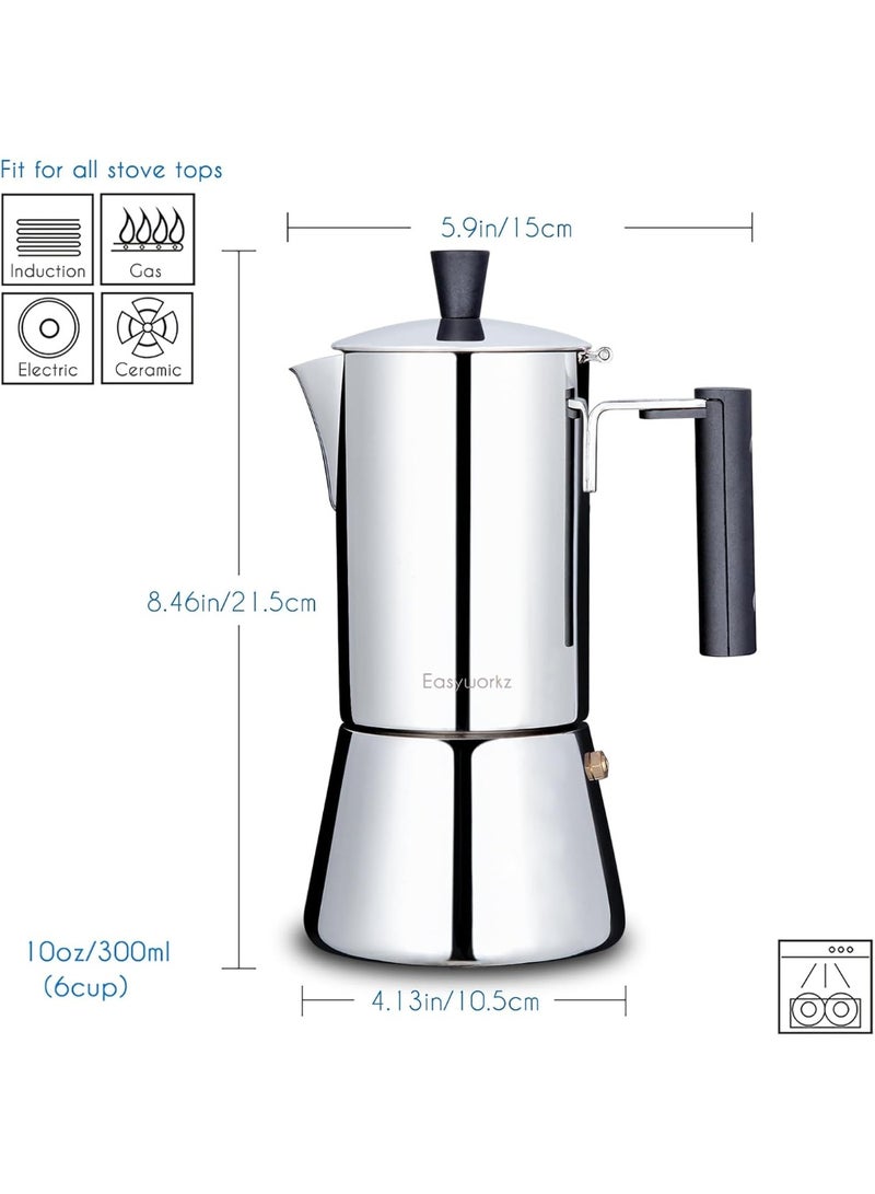 EASYWORKZ Stovetop Espresso Maker Stainless Steel Italian Coffee Machine Maker 6Cup 300ml Induction Moka Pot - Image 4