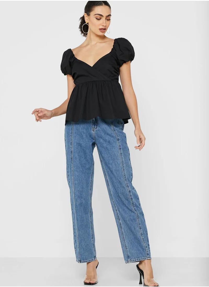 LOST INK Puff Sleeve Cotton Poplin Top