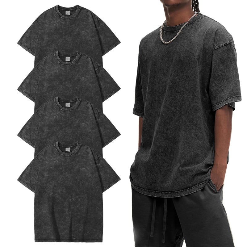 Eisctnd 4 Pack Men's Oversized T-Shirts Heavy Cotton Vintage Tee, Loose Fit Baggy Short Sleeve Casual Streetwear Unisex Tops(4-Black+Black+Black+Black-XL) - Image 1