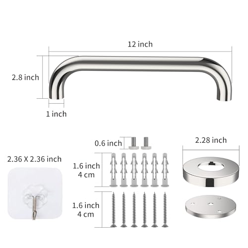 ZUEXT 12 Inch Stainless Steel Shower Grab Bar - ZUEXT Shower Handle, Bathroom Balance Bar - Safety Hand Rail Support - Handicap, Elderly, Injury, Senior Assist Bath Handle (w/Self-Adhesive Stick-on Hook) - Image 2