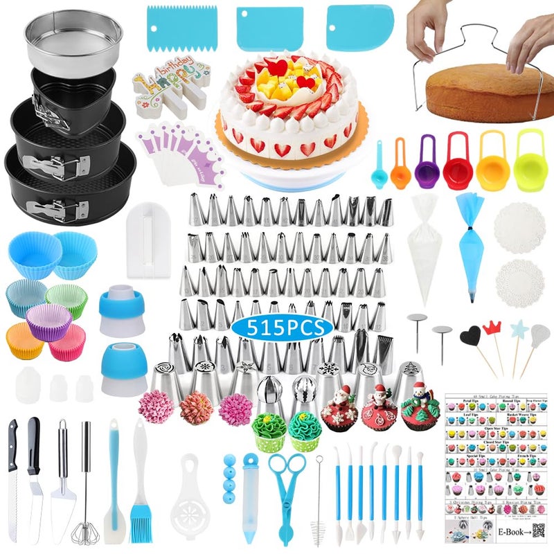 SIK Cake Decorating Kit Supplies 515 PCS Baking Supplies Set with 3 Springform Pan Sets 66Icing Piping Nozzles Cake Rotating Turntable Piping Bags Valentines Day Gifts for Her Mom Wife