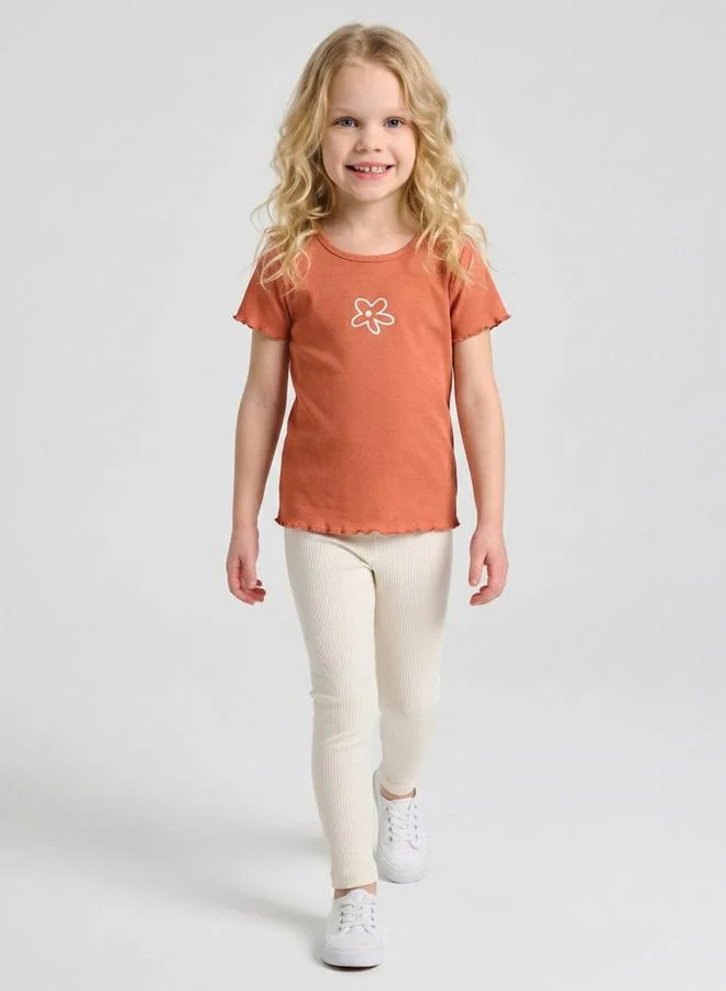 Take Two  Girls Orang Ribbed Flower Embroidery Regular Fit T-Shirt By Juniorloom for Women | Best Price UAE