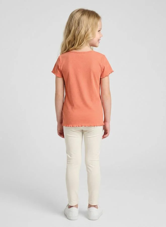 Take Two  Girls Orang Ribbed Flower Embroidery Regular Fit T-Shirt By Juniorloom for Women | Best Price UAE
