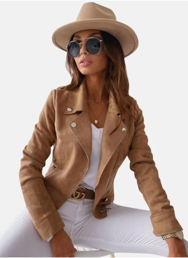 YUNIQEE Brown Crop Biker Jacket