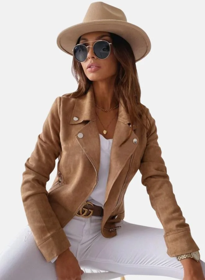 يونيكي Brown Crop Biker Jacket