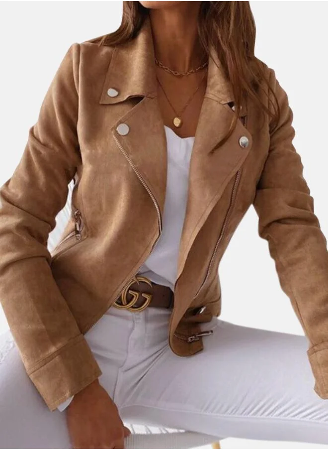 YUNIQEE Brown Crop Biker Jacket