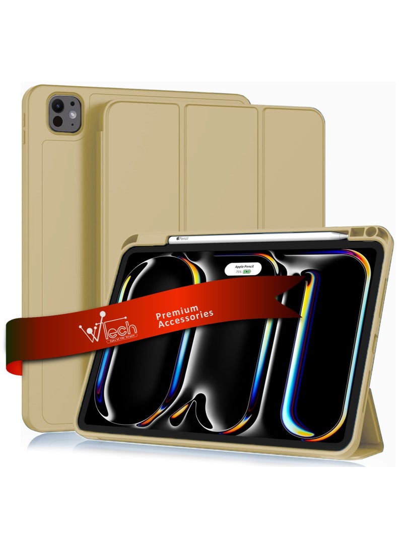 دبليو تيك أبل آيباد برو 11 5G 2024 (الجيل الخامس) 11 بوصة / أبل آيباد برو 11 بوصة (M5) 2025 جراب ذكي قابلة للفتح والإغلاق تلقائيًا، نسيج جلدي مع حامل قلم - ذهبي - Image 1