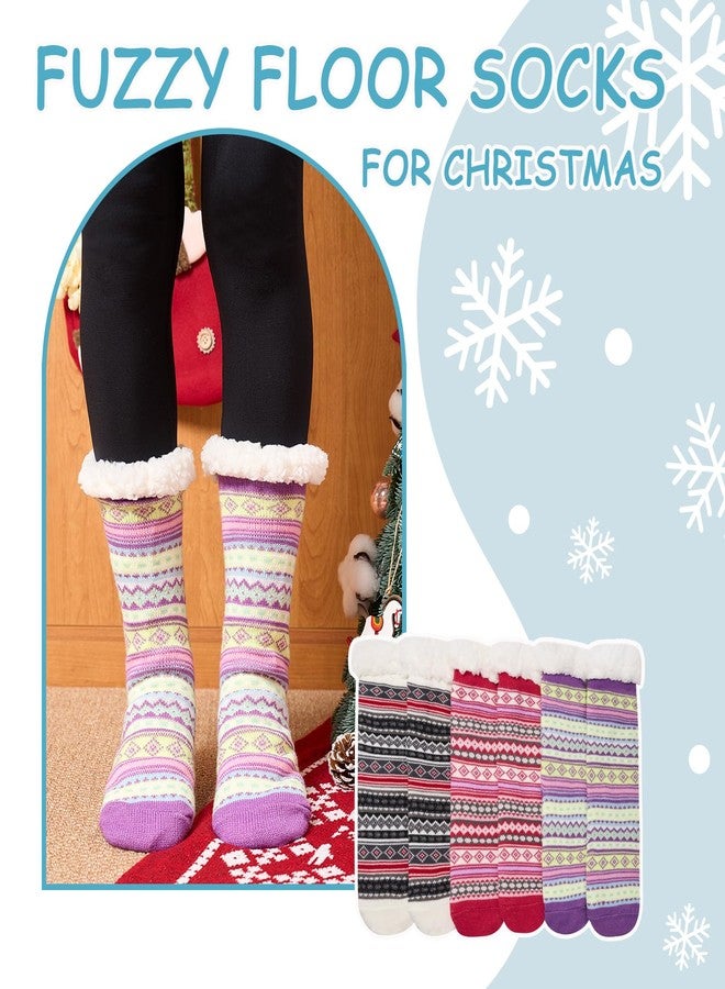 Aisyee Bohe Women's Fuzzy Socks - Thick Winter Warm Thermal Fluffy Socks with Grips - Fleece Lined - Stripes - 3 Pack - Image 2