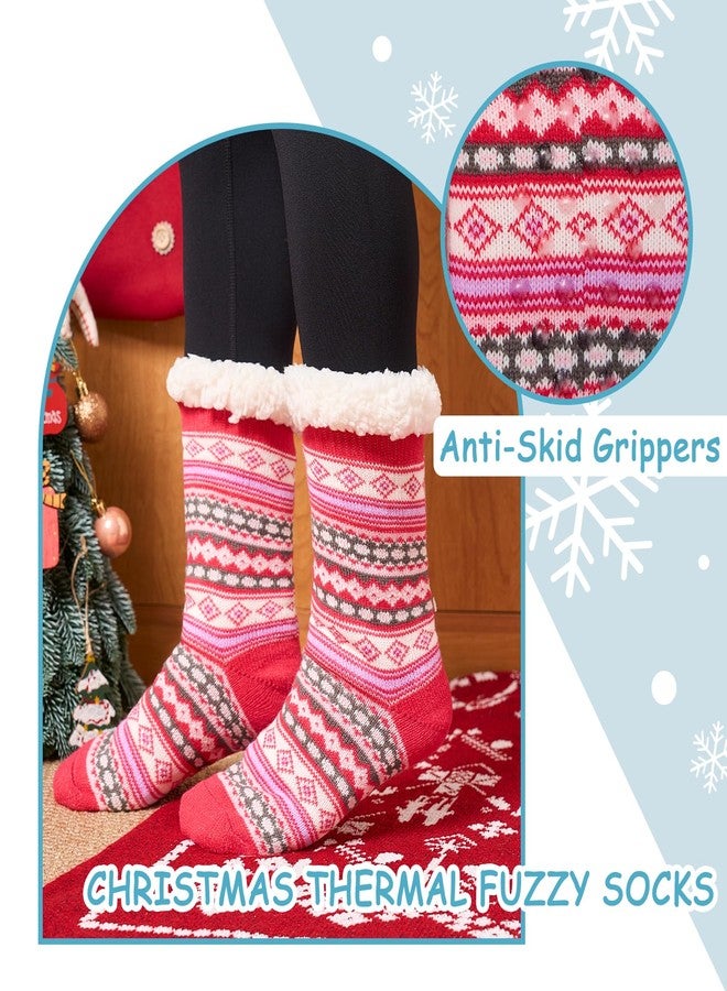 Aisyee Bohe Women's Fuzzy Socks - Thick Winter Warm Thermal Fluffy Socks with Grips - Fleece Lined - Stripes - 3 Pack - Image 3
