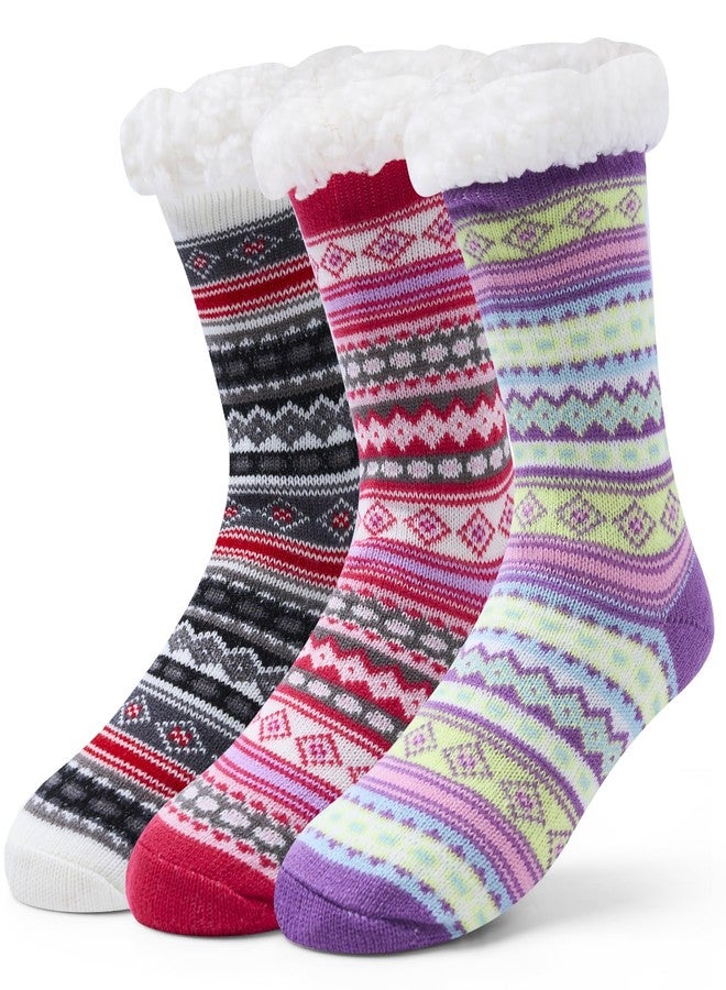 Aisyee Bohe Women's Fuzzy Socks - Thick Winter Warm Thermal Fluffy Socks with Grips - Fleece Lined - Stripes - 3 Pack - Image 1
