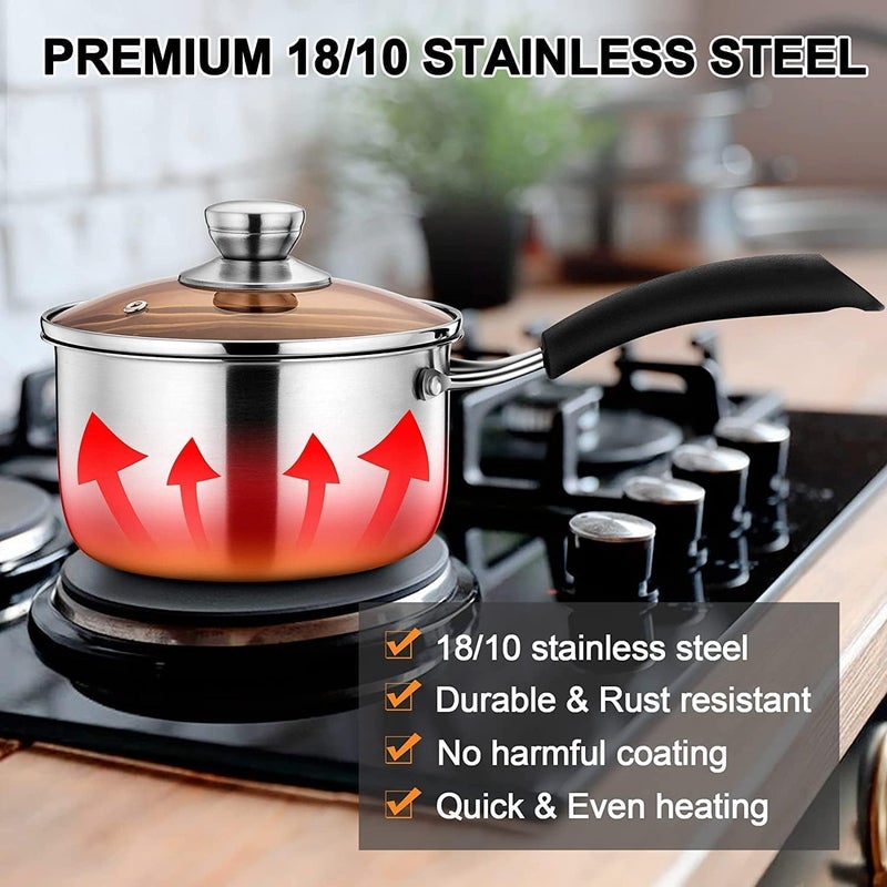 GOLKIPAR(LABEL) غولكيبار (علامة تجارية) قدر مع غطاء، 2 لتر قدر من الفولاذ المقاوم للصدأ مع غطاء، وعاء صغير لطبخ الحليب وحساء للمطبخ المنزلي والمطعم، مقبض طويل مقاوم للحرارة، غير سام وصحي - Image 3