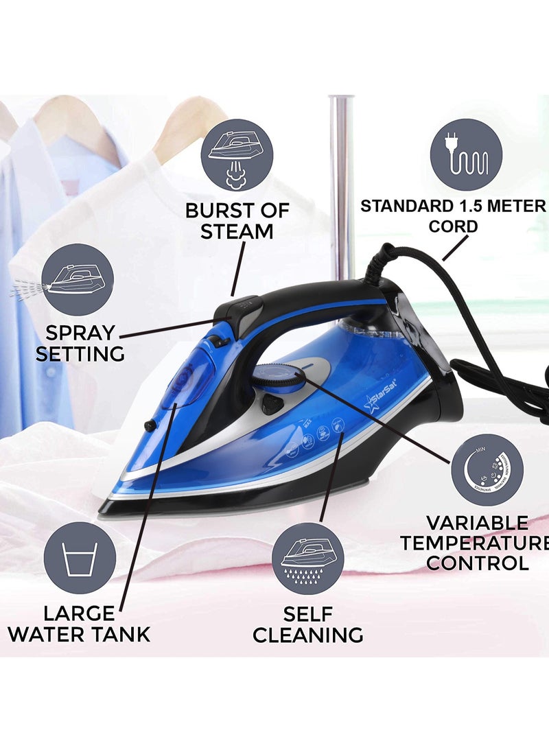 StarSat SIR-800 SteamGlide Pro Iron: German Technology, 3000W Power, Ceramic Soleplate, Vertical Steam, Self-Cleaning, Digital Control, Powerful Steam Shot, Anti-Drip, LED Heating Indicator Black/Blue  - Image 4