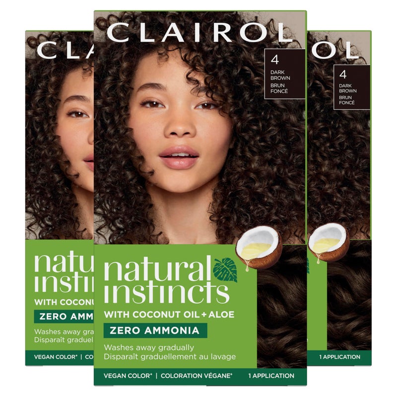 Clairol Natural Instincts Demi-Permanent Hair Dye, 4 Dark Brown Hair Color, Pack of 3 - Image 1