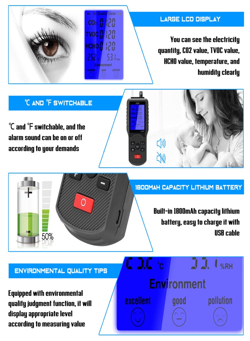 Multifunctional Air Quality Tester CO2 TVOC Meter Temperature Humidity Measuring Device - Image 5