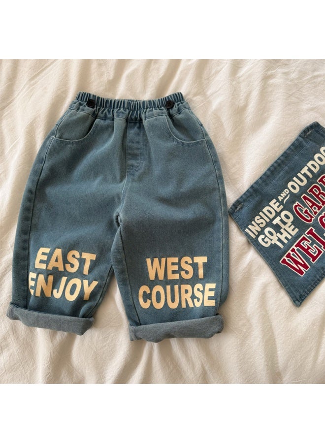 Children's Long Pants 2026 Squinting Eyes Spring Boys And Girls Printed Letter Jeans Baby Stylish Wide-leg Pants