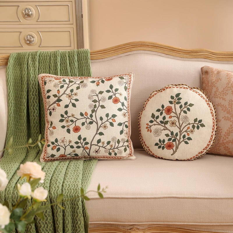 ISAENNE Design Linen Classic Throw Pillow Covers Diameter 16", French Farmhouse Round Cushion Covers with Orange White Floral Pattern Decor Pillowcases for Bed,Living Room,Outdoor,Car - Image 5