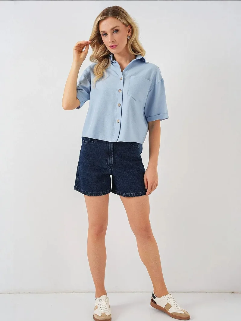 بيغ دارت قميص قصير بأزرار وأكمام قصيرة من الكتان المخلوط من