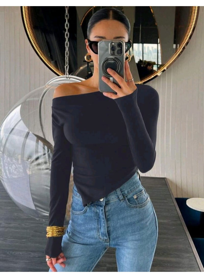 دازي بلوزة نسائية من DAZY، بأكمام طويلة، بقصّة كتف مائلة، بلون سادة، كاجوال - Image 5