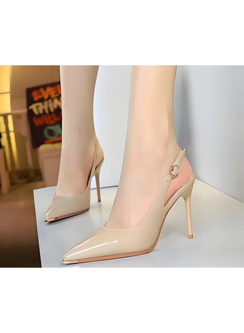 بيج تري المرأة مغلقة موجهة إصبع القدم مضخات سلينغباك ستيليتو كعب عالي صنادل خاكي 9.5CM - Image 3