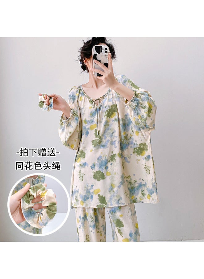 New Style Lace-up Long-sleeved Cotton Silk Pajamas For Women, Spring And Summer National Style Home Wear Set, Can Be Worn Outside, Loose Fit, Plus Size