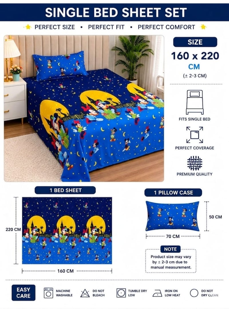 Disney Mickey & Minnie Single Bed Sheet Set 160 x 220 cm with 1 Pillow Case 50 x 70 cm – Soft Breathable Microfiber Bedding Set for Kids Bedroom – Blue & Yellow Cartoon Printed Bed Linen - Image 1