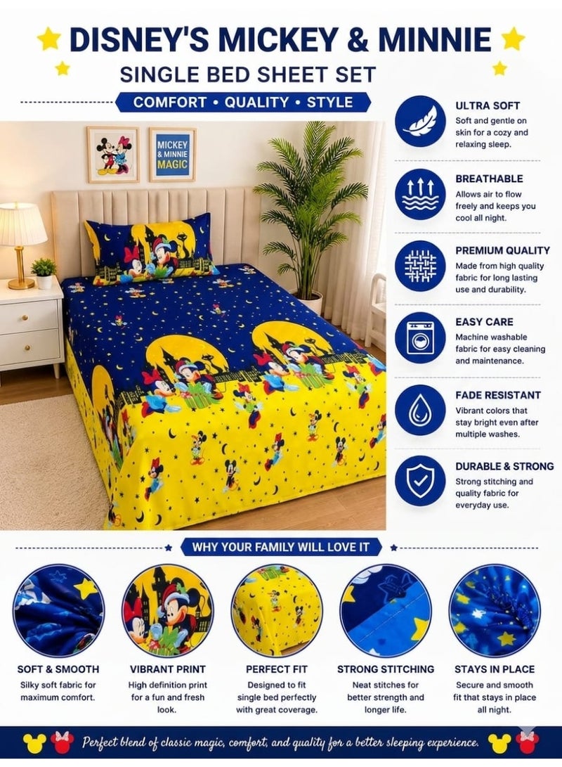 Disney Mickey & Minnie Single Bed Sheet Set 160 x 220 cm with 1 Pillow Case 50 x 70 cm – Soft Breathable Microfiber Bedding Set for Kids Bedroom – Blue & Yellow Cartoon Printed Bed Linen - Image 3