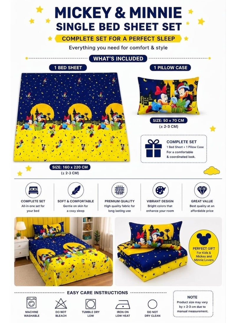 Disney Mickey & Minnie Single Bed Sheet Set 160 x 220 cm with 1 Pillow Case 50 x 70 cm – Soft Breathable Microfiber Bedding Set for Kids Bedroom – Blue & Yellow Cartoon Printed Bed Linen - Image 2