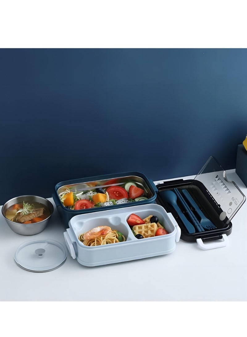 Cool Baby COOLBABY Premium Food Container with Soup Bowl and Cutlery Insulated Lunch Box with 3 Layers Stainless Steel Bento Lunch Box Leakproof Design and Side Handles - 21.5 x 11.5 x 11cm (Blue)  - Image 3