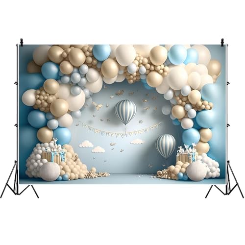 Yeele 7x5ft Happy 1st Birthday Backdrop Arched Blue Balloons Hot Air Balloons Clouds Butterfly Boys Birthday Photography Background for Baby Shower Kids Birthday Party Portrait Photo Shoot Props - Image 1