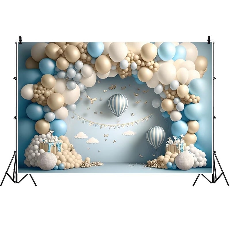 Yeele 7x5ft Happy 1st Birthday Backdrop Arched Blue Balloons Hot Air Balloons Clouds Butterfly Boys Birthday Photography Background for Baby Shower Kids Birthday Party Portrait Photo Shoot Props - Image 2