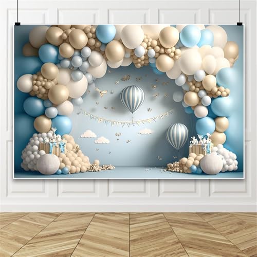 Yeele 7x5ft Happy 1st Birthday Backdrop Arched Blue Balloons Hot Air Balloons Clouds Butterfly Boys Birthday Photography Background for Baby Shower Kids Birthday Party Portrait Photo Shoot Props - Image 3