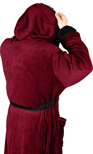 NY Threads Mens Robe with Hood, Luxury Plush Fleece Hooded Mens Bathrobe, Spa Bath Robe for Men, Small/Medium, Burgundy and Black - Image 3