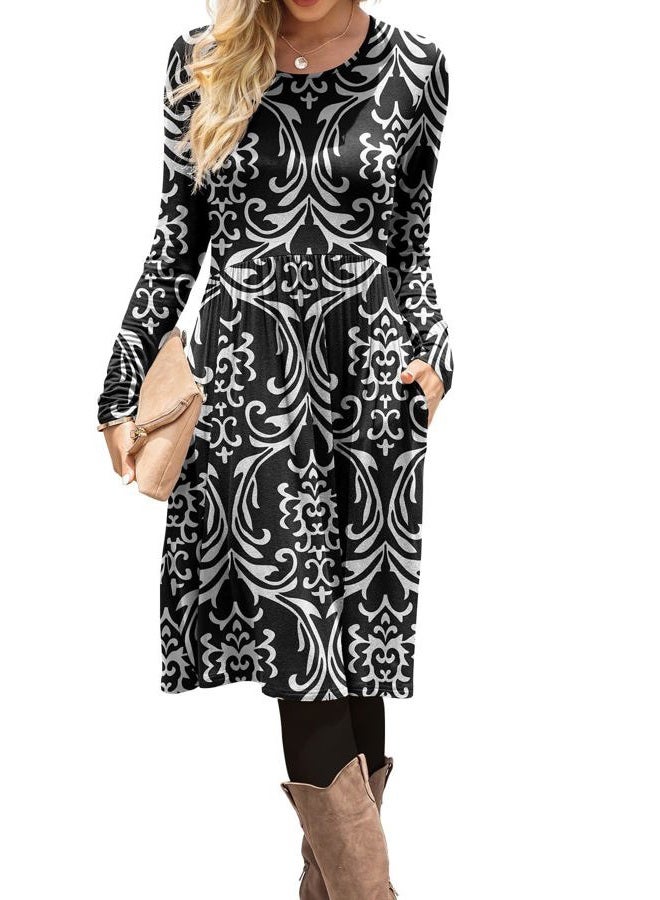 DB MOON Women Casual Long Sleeve Dresses Empire Waist Knee Length Loose Dress with Pockets (Black and White, L) - Image 1