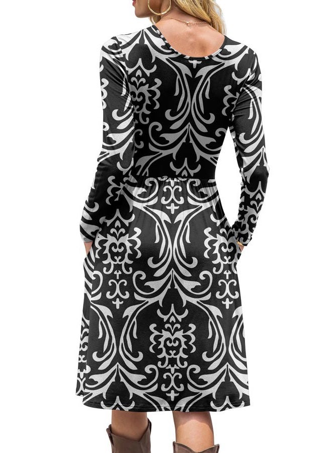 DB MOON Women Casual Long Sleeve Dresses Empire Waist Knee Length Loose Dress with Pockets (Black and White, L) - Image 3