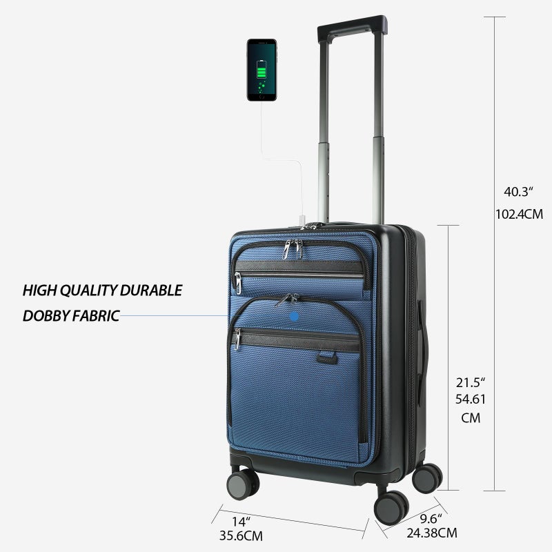 KROSER Hardside Expandable Carry On Luggage 22x14x9 Airline Approved With Front Business Pockets, 20 Inch Suitcases with Wheels, Carry on Suitcase with TSA Lock & USB Port, Black-Haze Blue - Image 2