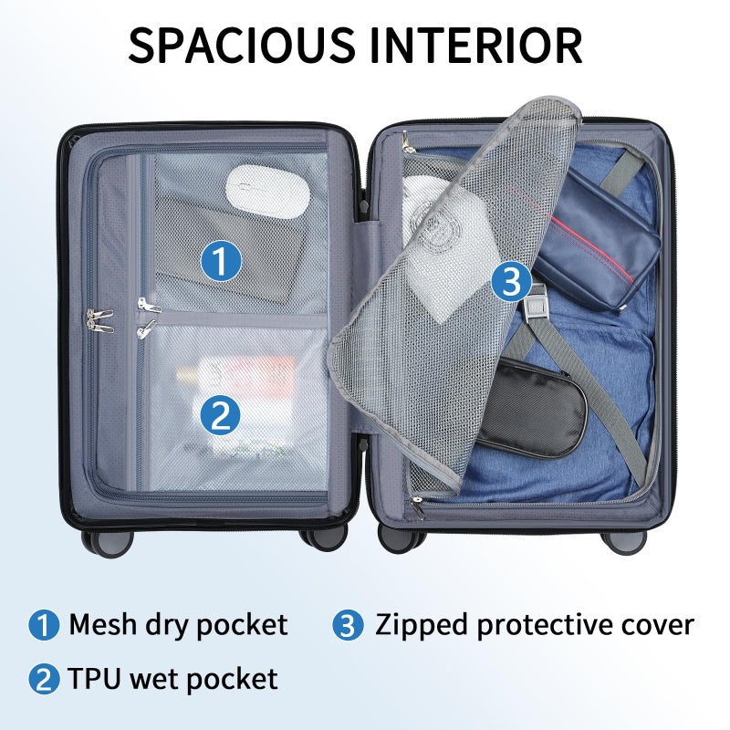 KROSER Hardside Expandable Carry On Luggage 22x14x9 Airline Approved With Front Business Pockets, 20 Inch Suitcases with Wheels, Carry on Suitcase with TSA Lock & USB Port, Black-Haze Blue - Image 3