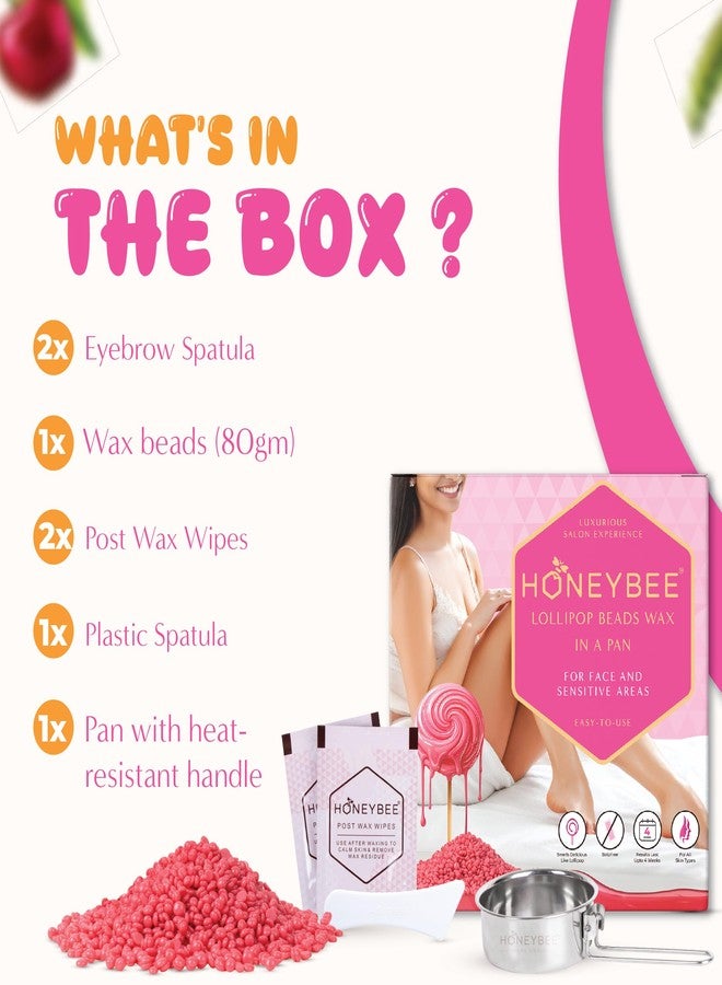 HoneyBee Lollipop Brazilian Beads Wax For Women | Stripless Liposoluble Katori Face Wax For Hair Removal | For Bikini, Underarms, Upperlip, Chin | Pan, Spatulas & Post Wax Wipes Included,80G - Image 2