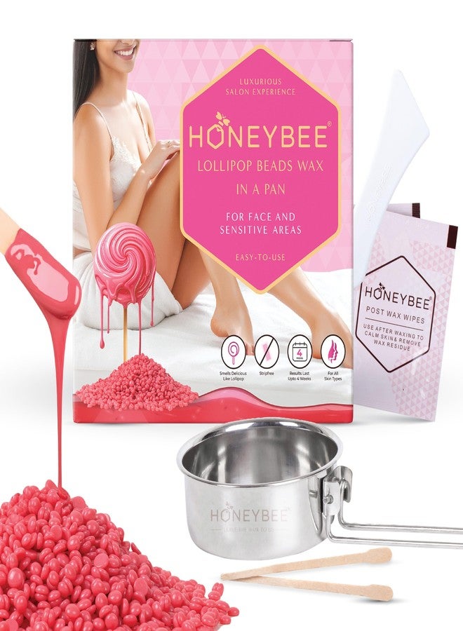 HoneyBee Lollipop Brazilian Beads Wax For Women | Stripless Liposoluble Katori Face Wax For Hair Removal | For Bikini, Underarms, Upperlip, Chin | Pan, Spatulas & Post Wax Wipes Included,80G - Image 1