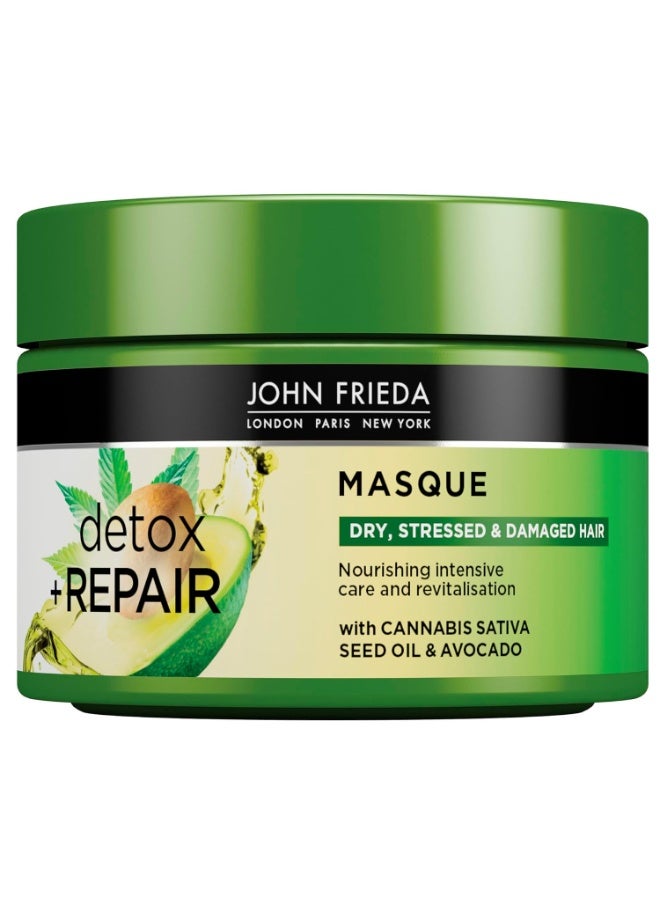 John Frieda Detox & Repair Masque 250 ml, Intensive Deep Conditioner for Dry, Stressed and Damaged Hair, Nourishing Hair Mask with Cannabis Sativa Seed Oil and Avocado