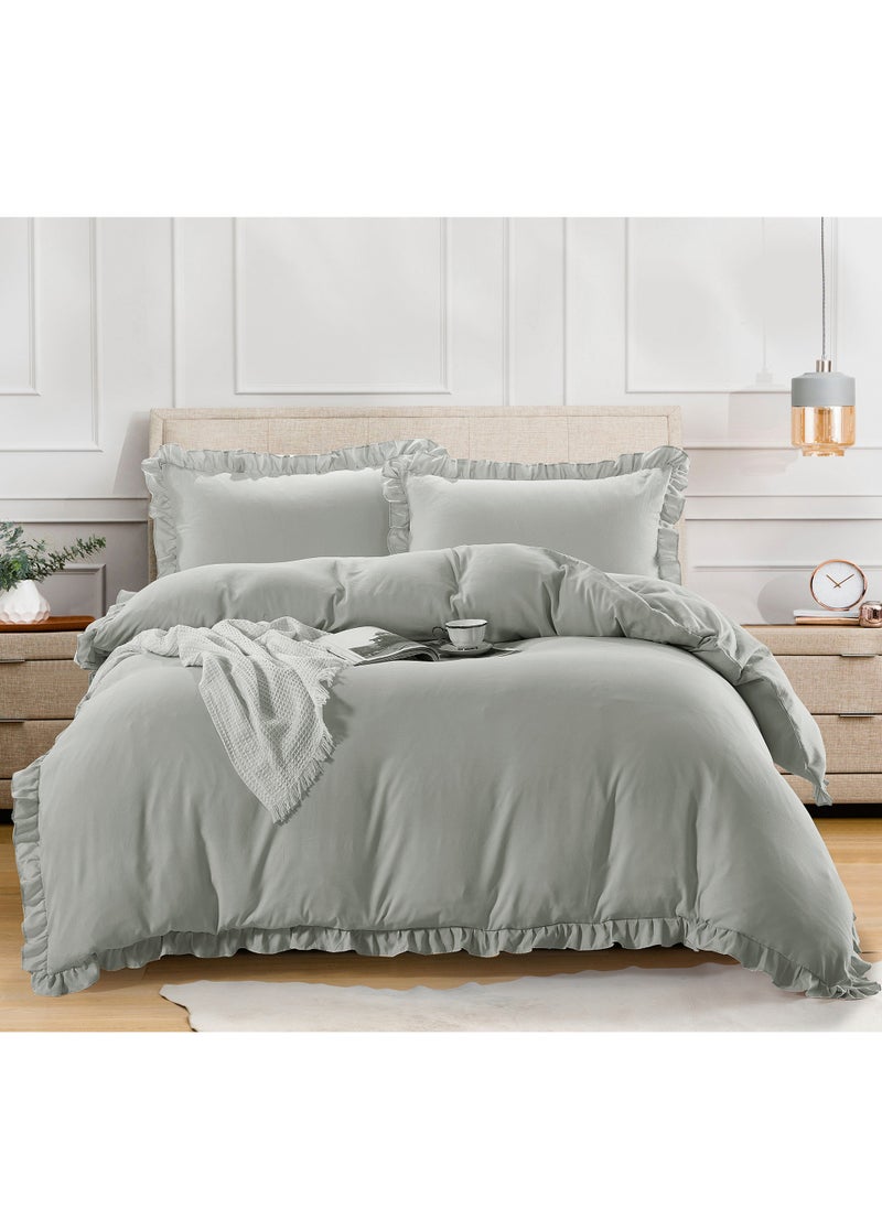 Donetella Duvet Set 3-Pcs Single Size Ruffled Super Soft Solid Comforter Cover Without Filler With Hidden Zipper Closure and Corner Ties (Without Filler ), Grey  - Image 1